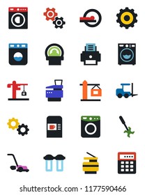 Color and black flat icon set - coffee machine vector, fork loader, gear, lawn mower, ripper, tomography, printer, copier, washer, crane, water filter, combination lock