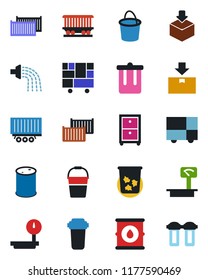 Color and black flat icon set - trash bin vector, bucket, watering, railroad, truck trailer, cargo container, consolidated, package, oil barrel, heavy scales, archive box, water filter