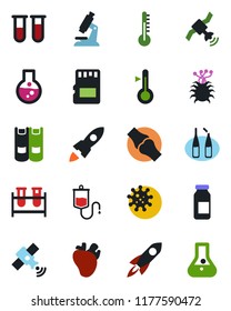 Color and black flat icon set - book vector, blood test vial, dropper, microscope, ampoule, real heart, joint, virus, satellite, sd, thermometer, rocket, flask