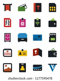 Color and black flat icon set - credit card vector, identity, medical calendar, gallery, sd, sim, archive box, wine, pass, wallet, pennon