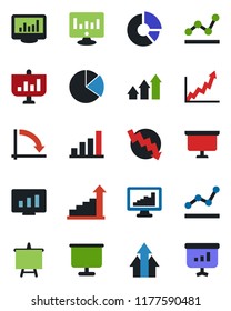 Color and black flat icon set - growth statistic vector, presentation board, crisis graph, monitor, circle chart, statistics, bar, pie, point, arrow up