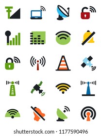 Color and black flat icon set - antenna vector, wireless notebook, border cone, satellite, equalizer, mute, cellular signal, lock
