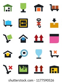 Color and black flat icon set - baggage trolley vector, fragile, cargo, warehouse storage, up side sign, no, hook, package, search, scanner, blank box