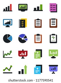 Color and black flat icon set - growth statistic vector, monitor, diagnosis, pulse clipboard, statistics, bar graph, pie, checklist, point, presentation
