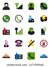 Color and black flat icon set - phone vector, no mobile, office, 24 hours, support, tracking, radio, call, mute, cellular signal, reception