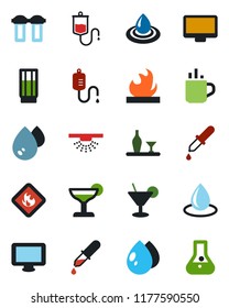 Color and black flat icon set - hot cup vector, water drop, dropper, flammable, monitor, alcohol, drink, cocktail, filter, sprinkler, flask