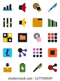 Color and black flat icon set - package vector, sorting, settings, touch screen, stop button, menu, folder, charge, application, pen, sound, information, social media