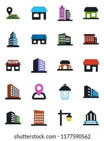 Color and black flat icon set - shop vector, office building, garden light, navigation, store, city house, cafe, storefront