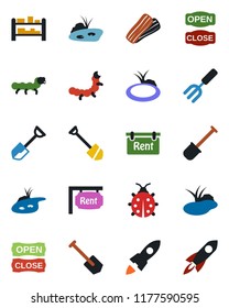 Color and black flat icon set - job vector, garden fork, shovel, lady bug, caterpillar, pond, rack, rent, bacon, open close, rocket