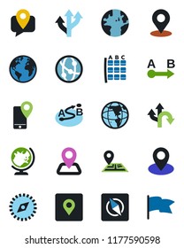 Color and black flat icon set - globe vector, seat map, route, navigation, earth, pin, mobile tracking, network, place tag, compass, flag
