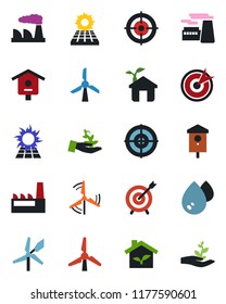 Color and black flat icon set - factory vector, bird house, target, sun panel, windmill, eco, water, palm sproute