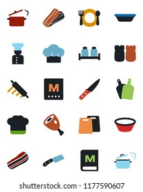 Color and black flat icon set - cook vector, cafe, hat, menu, bacon, salt and pepper, ham, bowl, rolling pin, cutting board, knife, steaming pan
