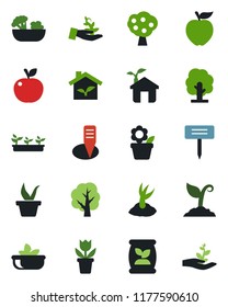 Color and black flat icon set - flower in pot vector, seedling, tree, sproute, plant label, fertilizer, fruit, salad, apple, eco house, palm