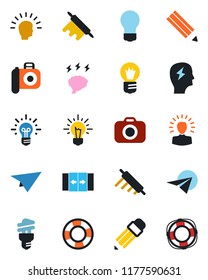 Color and black flat icon set - automatic door vector, brainstorm, bulb, camera, pencil, rolling pin, energy saving, shining head, idea, paper plane, crisis management