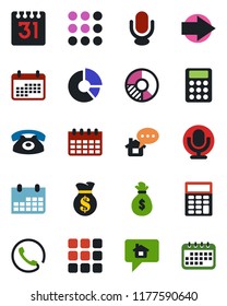 Color and black flat icon set - right arrow vector, calendar, circle chart, microphone, menu, calculator, phone, home message, money bag