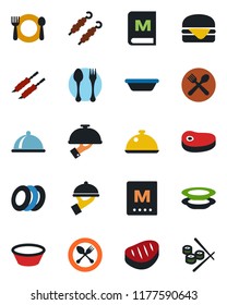 Color and black flat icon set - spoon and fork vector, dish, cafe, menu, plates, waiter, steak, kebab, hamburger, bowl, sushi