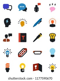 Color and black flat icon set - speaking man vector, pen, brainstorm, bulb, dialog, wine card, hot dog, energy saving, shining head, idea