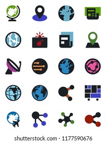 Color and black flat icon set - satellite antenna vector, bomb in case, globe, plane, earth, pin, consolidated cargo, network, share, news, social media