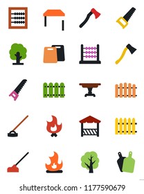 Color and black flat icon set - fence vector, tree, saw, fire, hoe, axe, abacus, table, alcove, cutting board