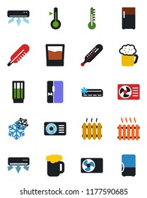 Color and black flat icon set - thermometer vector, heater, air conditioner, fridge, drink, beer, snowflake