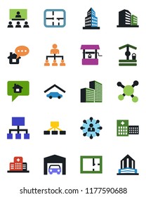 Color and black flat icon set - hierarchy vector, well, hospital, molecule, office building, garage, plan, home message