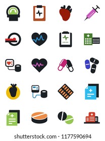 Color and black flat icon set - heart pulse vector, diagnosis, syringe, blood pressure, pills, blister, tomography, real, clipboard, hospital