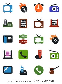 Color and black flat icon set - alarm clock vector, phone, abacus, plant label, flame disk, radio, tv, call, office, open close, turkish coffee