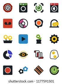 Color and black flat icon set - ticket office vector, gear, contract, circle chart, stamp, pills blister, play button, record, eye id, washer, flower in pot, omelette, clock