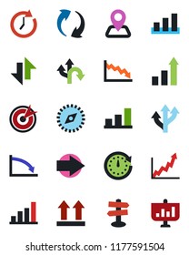 Color and black flat icon set - right arrow vector, growth statistic, route, signpost, navigation, up side sign, sorting, update, data exchange, compass, bar graph, target, clock, crisis
