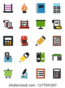 Color and black flat icon set - contract vector, book, calculator, abacus, desk, presentation board, pencil, microscope, copybook, paper clip, ink pen