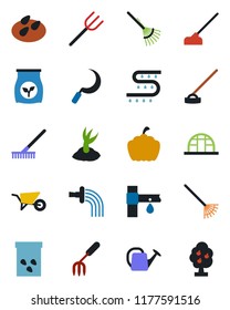 Color and black flat icon set - garden fork vector, farm, rake, watering can, wheelbarrow, sproute, hoe, sickle, pumpkin, greenhouse, seeds, fertilizer, drip irrigation, fruit tree