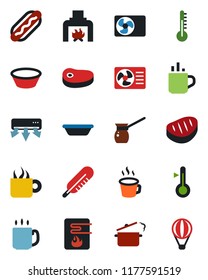 Color and black flat icon set - hot cup vector, thermometer, coffee, fireplace, air conditioner, steak, dog, bowl, steaming pan, turkish, water heater, balloon