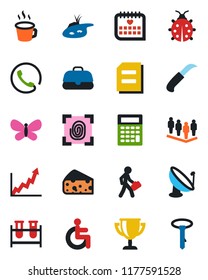 Color and black flat icon set - team vector, document, butterfly, lady bug, garden knife, blood test vial, disabled, medical calendar, satellite antenna, coffee, manager, pond, phone, cheese, case
