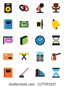 Color and black flat icon set - calculator vector, hoe, picnic table, microphone, speaker, chain, mail, bell, copybook, clock, office chair, blank box, rent, building, turkish coffee, sand