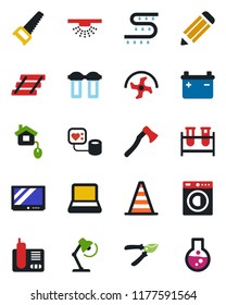 Color and black flat icon set - border cone vector, pencil, ripper, pruner, saw, axe, drip irrigation, blood pressure, test vial, tv, radio phone, desk lamp, paper tray, notebook pc, washer, battery