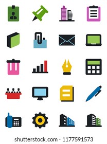 Color and black flat icon set - trash bin vector, gear, mail, identity card, pen, notebook pc, document, drawing pin, office phone, clipboard, monitor, calculator, paper clip, bar graph, ink