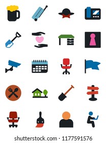 Color and black flat icon set - suitcase vector, female, desk, shovel, heart hand, signpost, term, themes, user, office chair, house with tree, cafe, beer, dress code, intercome, surveillance, flag