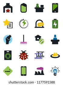 Color and black flat icon set - smoking place vector, reception, ticket office, mobile phone, manager, factory, rake, lady bug, joint, film frame, cell, speaker, favorites list, battery, charge