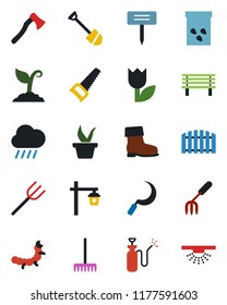Color and black flat icon set - job vector, garden fork, farm, rake, seedling, sproute, boot, saw, rain, sickle, axe, plant label, bench, light, seeds, caterpillar, sprayer, tulip, fence, sprinkler