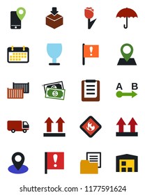 Color and black flat icon set - pin vector, important flag, cash, mobile tracking, cargo container, car delivery, term, clipboard, folder document, fragile, umbrella, up side sign, tulip, package