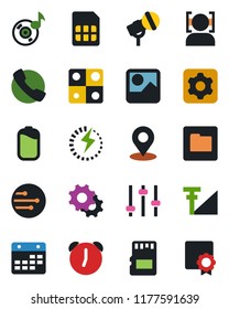 Color and black flat icon set - microphone vector, call, gallery, settings, tuning, alarm, sd, sim, network, folder, calendar, place tag, face id, music, cellular signal, battery, charge