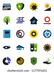 Color and black flat icon set - sun vector, radar, book, circle chart, tree, eye, term, film frame, protect, network, brightness, copybook, house with garage, smart home, palm sproute