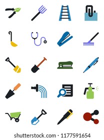Color and black flat icon set - document search vector, pen, job, trowel, shovel, farm fork, rake, ladder, wheelbarrow, watering, pruner, garden sprayer, stethoscope, paper clip, stapler, ladle