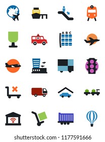 Color and black flat icon set - train vector, escalator, baggage larry, plane, seat map, globe, airport building, ambulance car, traffic light, truck trailer, delivery, sea port, consolidated cargo