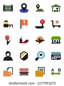 Color and black flat icon set - navigation vector, pin, railroad, important flag, store, plane, support, sea shipping, term, port, container, folder document, no trolley, tulip, warehouse, shield