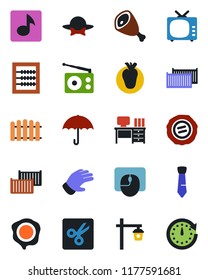 Color and black flat icon set - mouse vector, desk, stamp, fence, glove, garden light, real heart, cargo container, umbrella, radio, tv, cut, music, abacus, tie, dress code, ham, clock