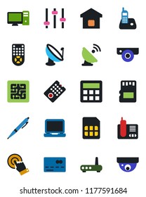 Color and black flat icon set - credit card vector, satellite antenna, remote control, touch screen, laptop pc, radio phone, tuning, calculator, sd, sim, pen, smart home, chip, router, web camera