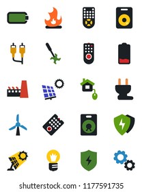 Color and black flat icon set - bulb vector, fire, ripper, remote control, speaker, low battery, rca, protect, sun panel, factory, home, power plug, windmill, gear