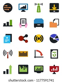 Color and black flat icon set - antenna vector, growth statistic, crisis graph, document, reload, diagnosis, folder, barcode, scanner, network, download, monitor statistics, bar, pie, archive box