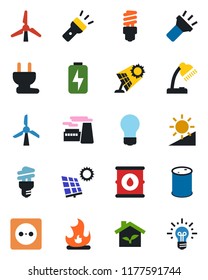Color and black flat icon set - bulb vector, factory, fire, oil barrel, torch, brightness, charge, desk lamp, sun panel, windmill, eco house, socket, power plug, energy saving, idea